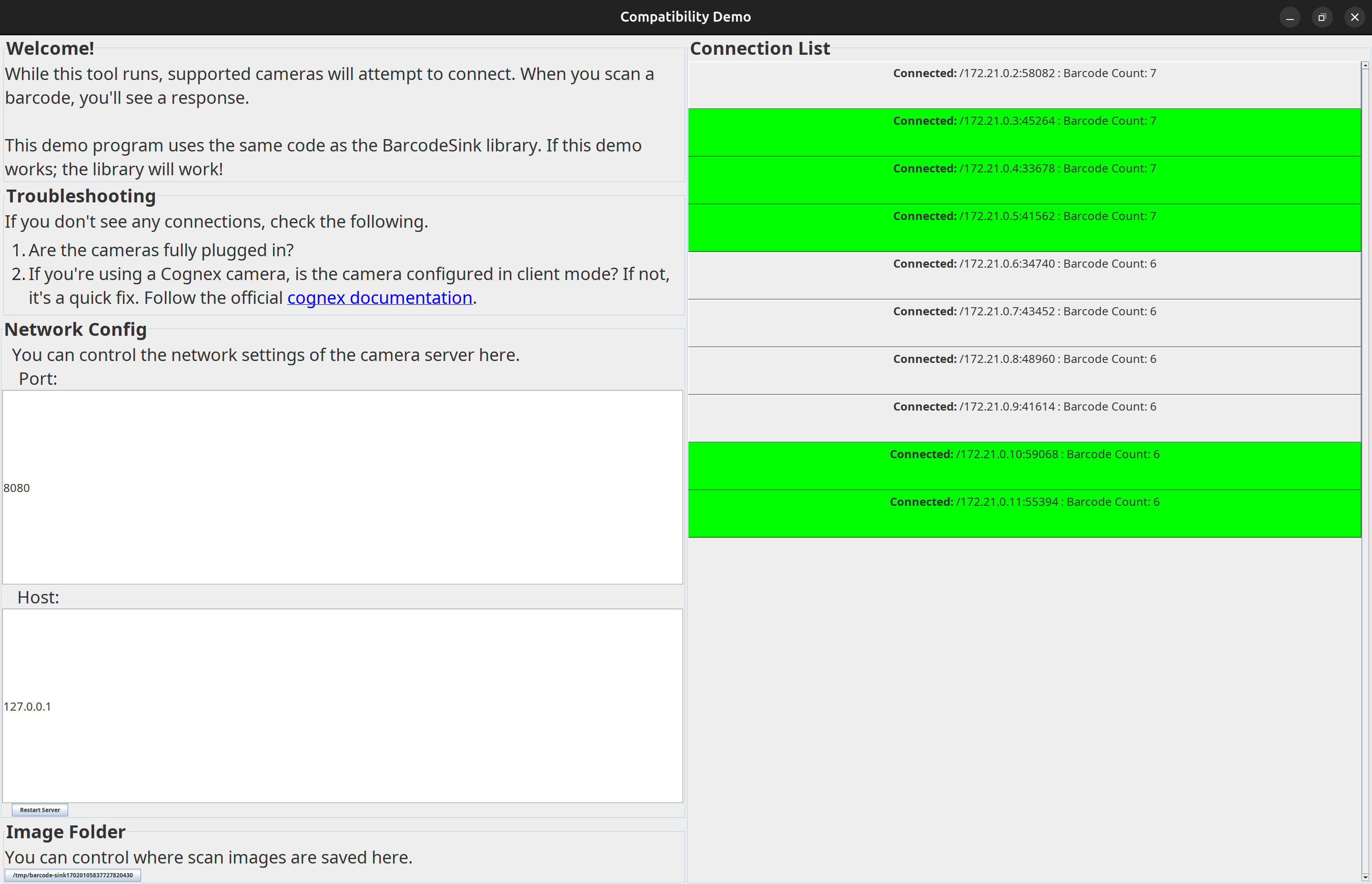 A picture of the demo application with one scanner connected.
