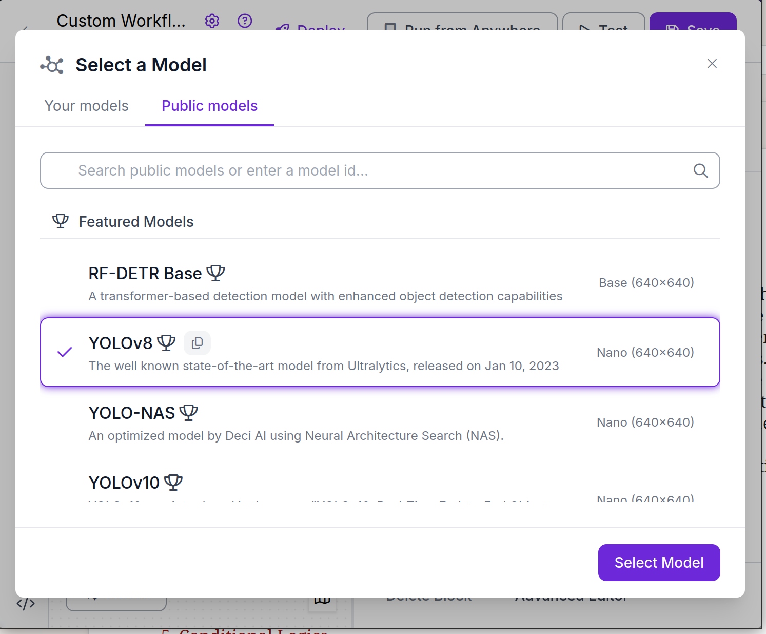 A screenshot of the Roboflow model choice page.